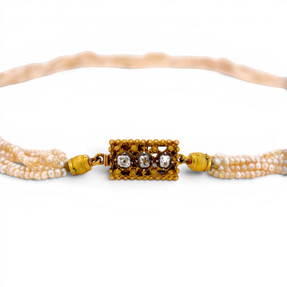 Antique French Belle Epoque 6-strand pearl choker necklace with an 18k gold diamond clasp by Antique Jewelry Finds.