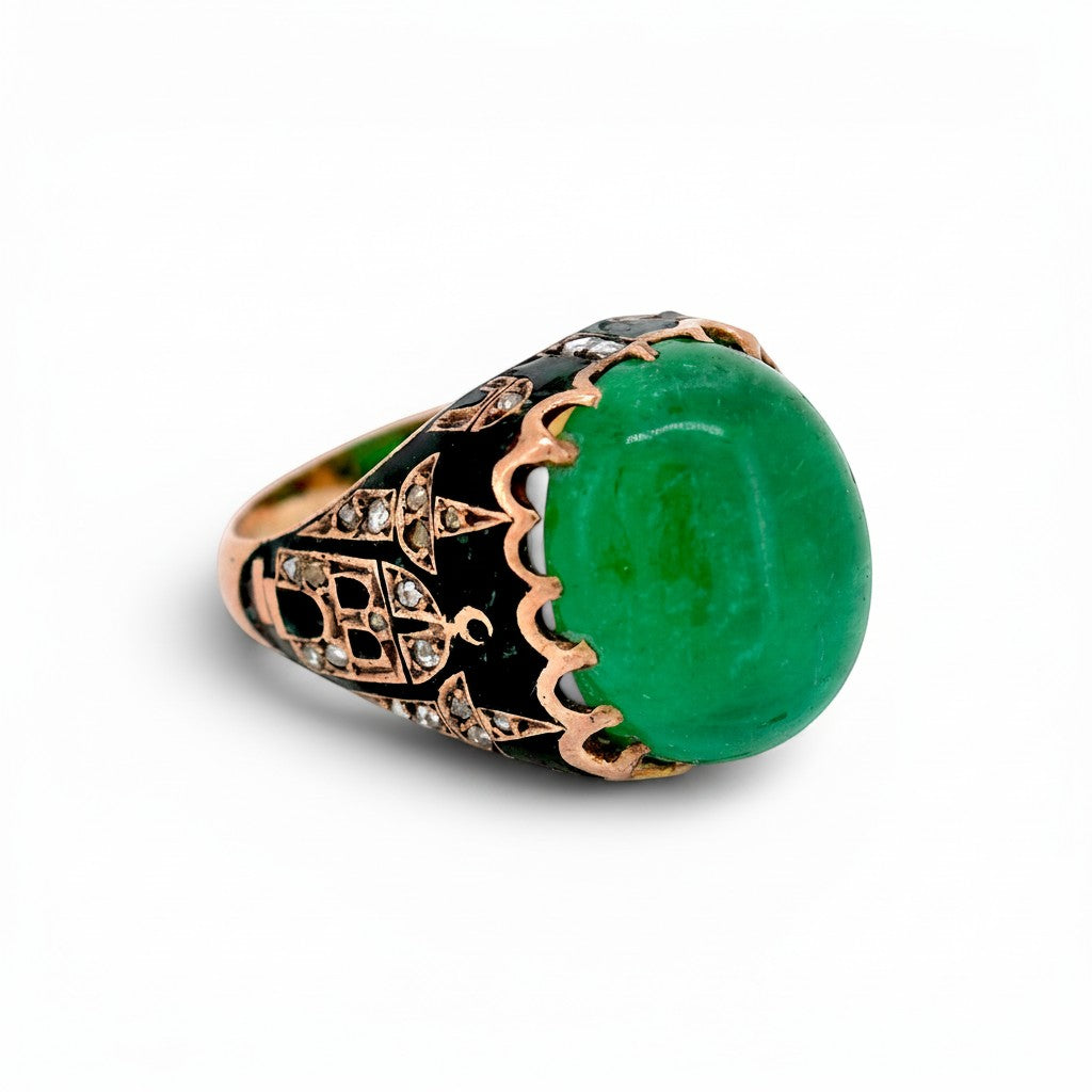 Antique Ottoman 14k gold ring rose-cut diamonds mosque minaret motifs black enamel detail close-up — Antique Jewelry Finds