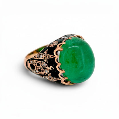 Antique Ottoman 14k gold ring rose-cut diamonds mosque minaret motifs black enamel detail close-up — Antique Jewelry Finds