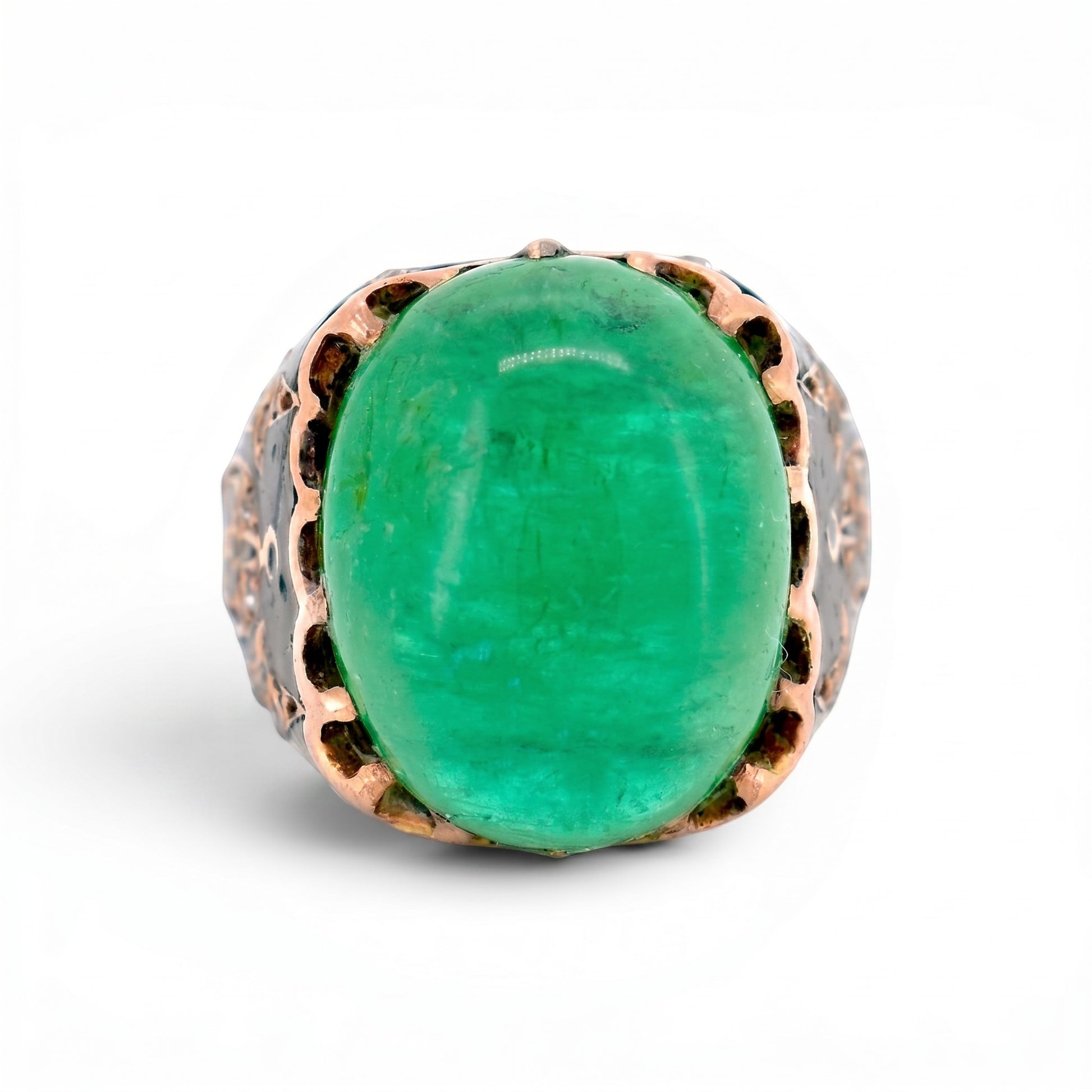 Antique Ottoman 19th century 14k gold ring natural Ural emerald cabochon 12 carats front view — Antique Jewelry Finds