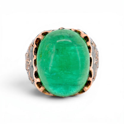 Antique Ottoman 19th century 14k gold ring natural Ural emerald cabochon 12 carats front view — Antique Jewelry Finds