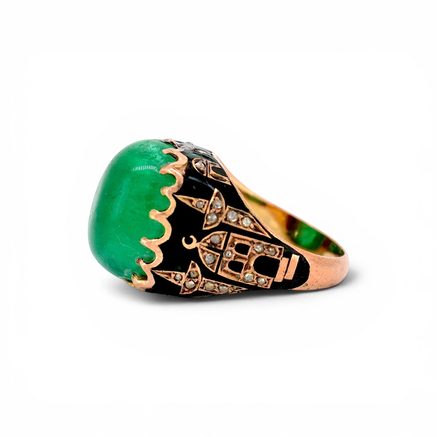 Antique Ottoman 19th century 14k gold ring rose-cut diamond mosque minaret motifs side view — Antique Jewelry Finds