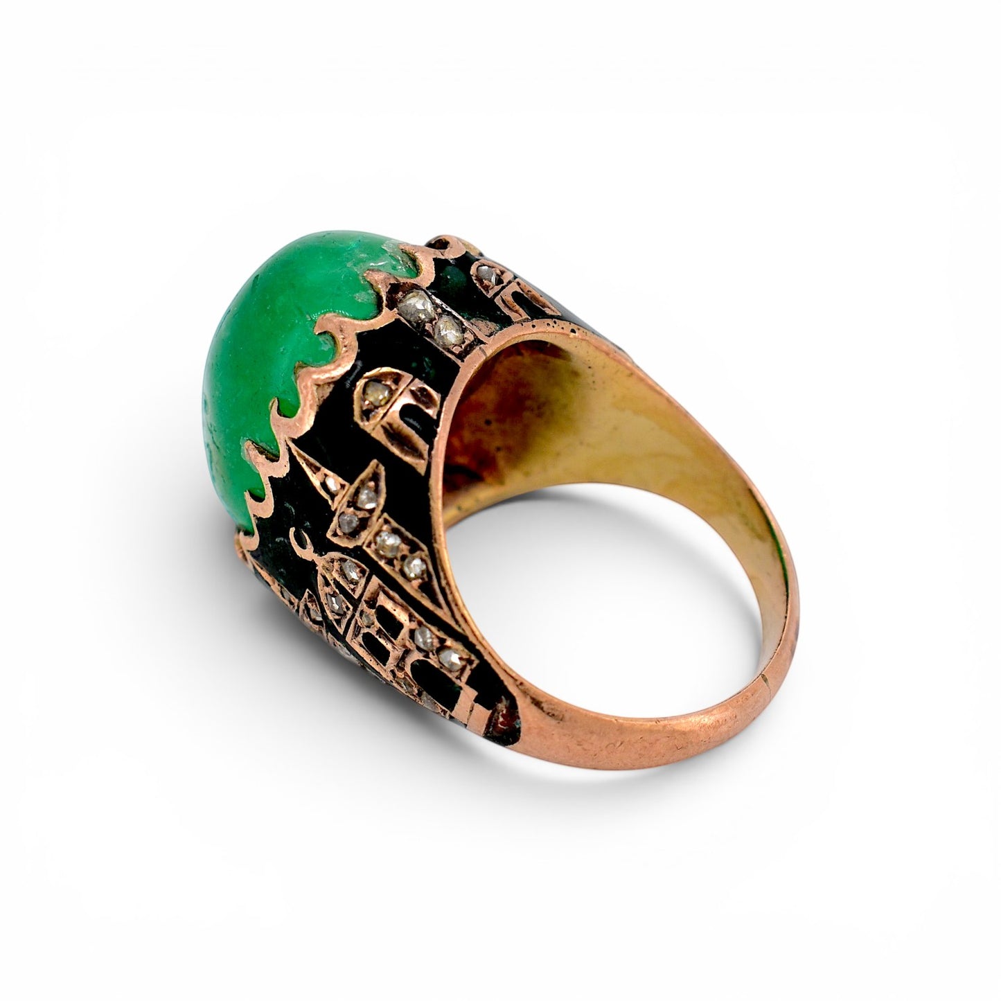 Antique Ottoman 19th century 14k gold ring natural Ural emerald cabochon 16x15mm top view — Antique Jewelry Finds