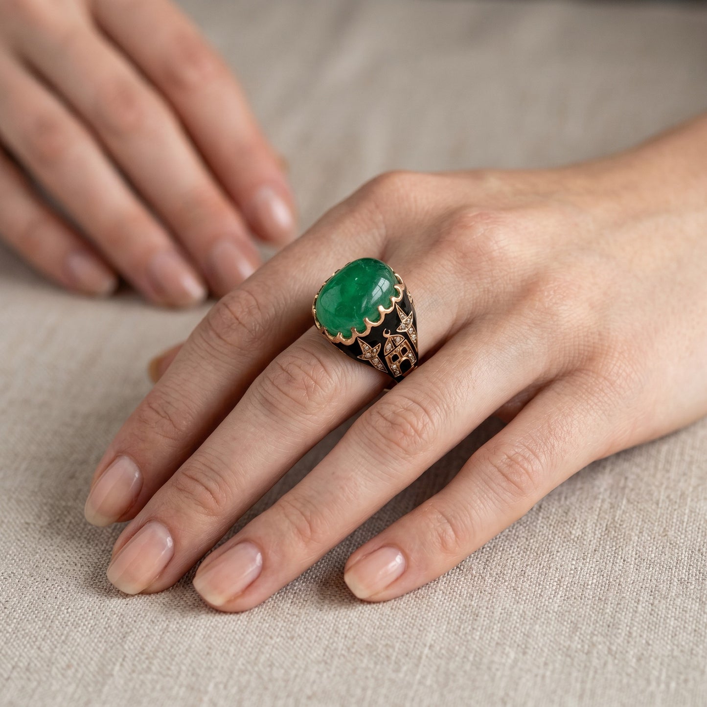 Antique Ottoman 19th century 14k gold ring 12ct natural Ural emerald cabochon worn on hand size 6 US — Antique Jewelry Finds