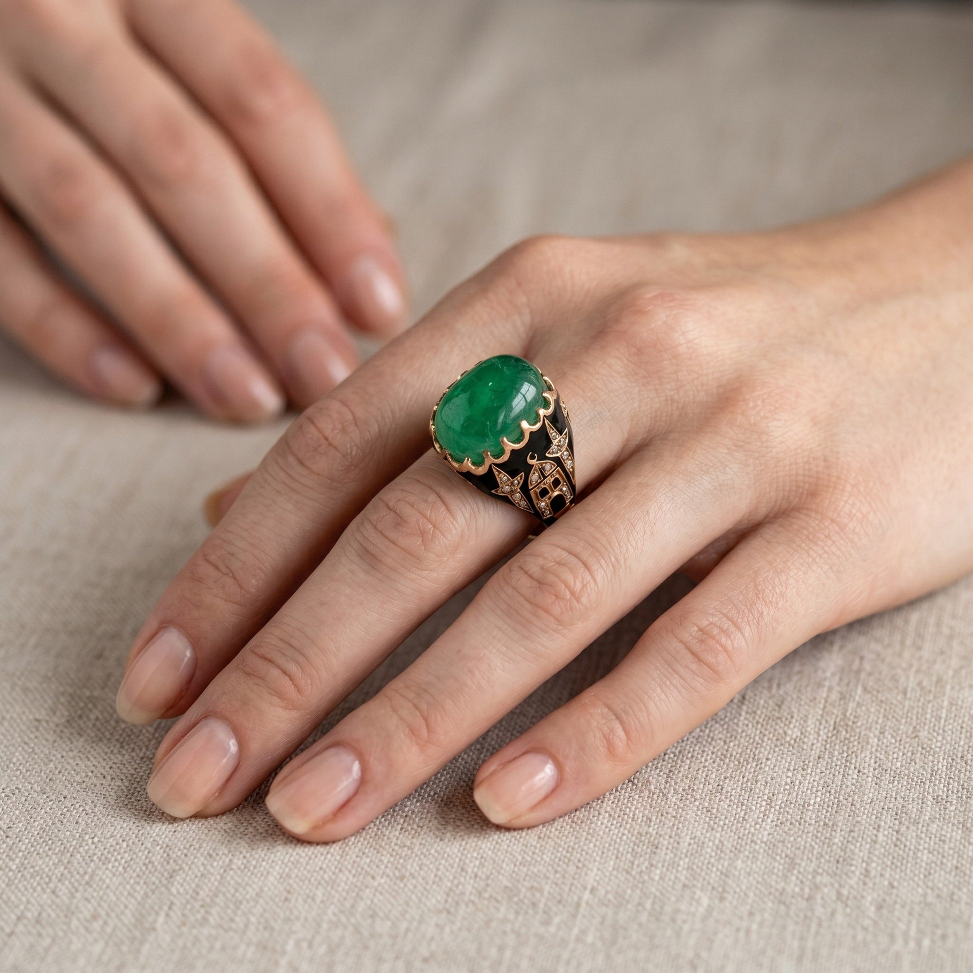 Antique Ottoman 19th century 14k gold ring 12ct natural Ural emerald cabochon worn on hand size 6 US — Antique Jewelry Finds
