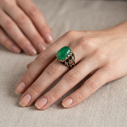 Antique Ottoman 19th century 14k gold ring 12ct natural Ural emerald cabochon worn on hand size 6 US — Antique Jewelry Finds