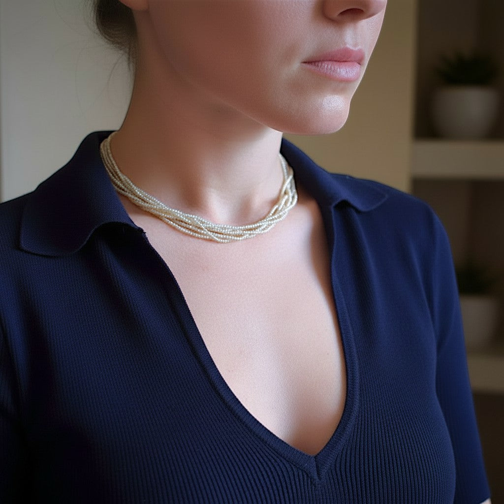 Antique 6-strand pearl choker necklace elegantly worn on a neckline, showcasing how the rows drape, size 41 cm.
