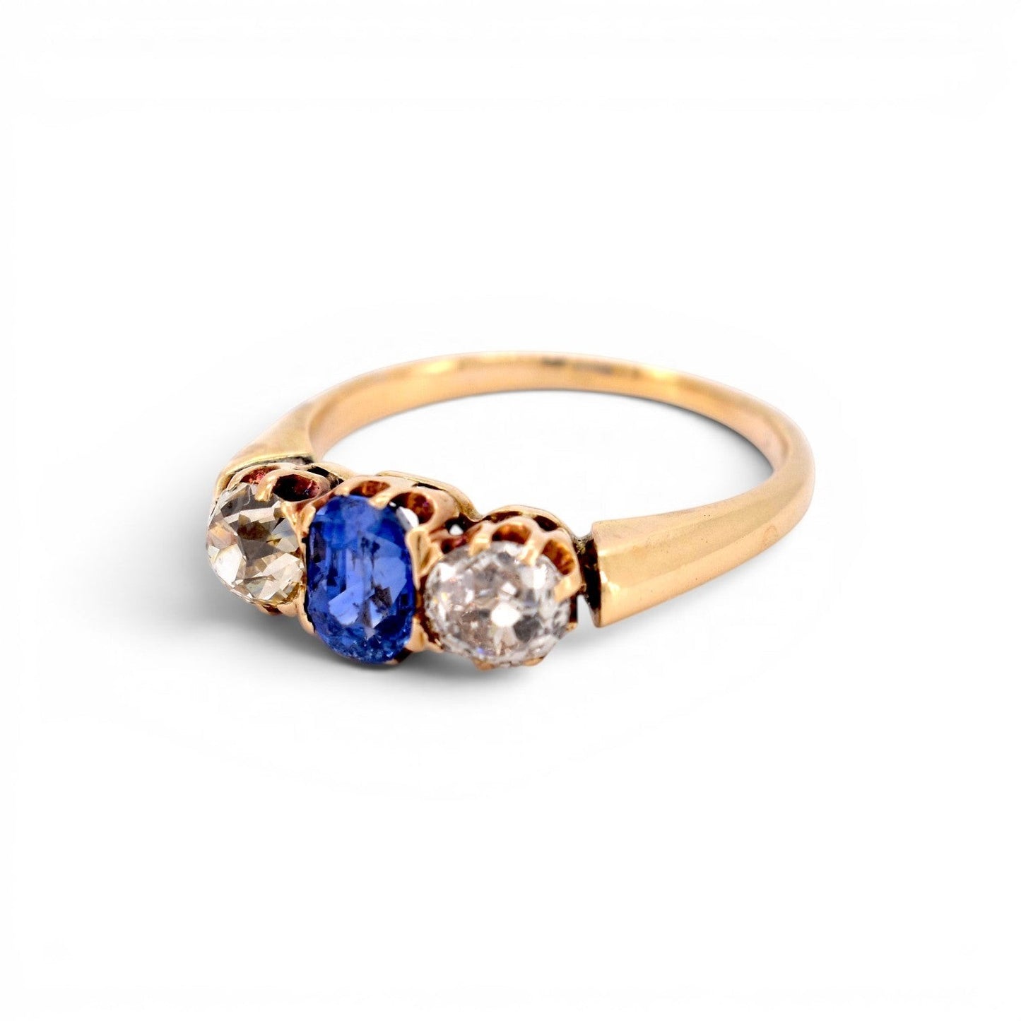 Antique Victorian 14k gold trilogy ring sapphire diamond side view scallop shell hallmark — Antique Jewelry Finds