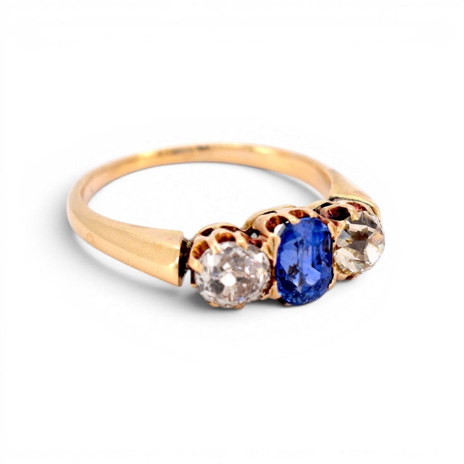 Antique Victorian 14k gold trilogy ring 
sapphire old-cut diamond detail side view circa 1890 — Antique Jewelry Finds