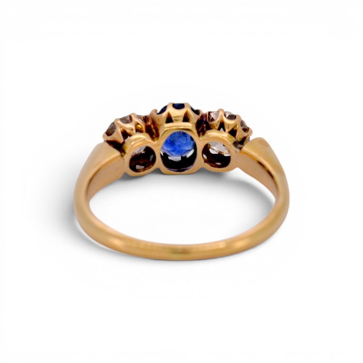 Antique Victorian 14k gold trilogy ring  top view natural sapphire old-cut diamonds 6mm — Antique Jewelry Finds