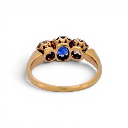 Antique Victorian 14k gold trilogy ring  top view natural sapphire old-cut diamonds 6mm — Antique Jewelry Finds