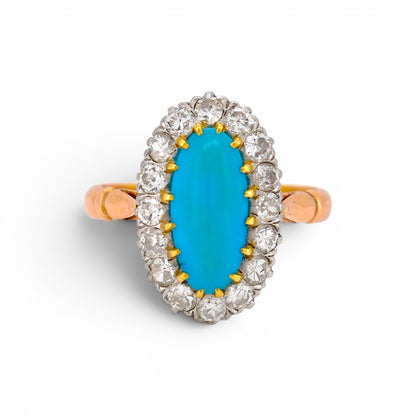 Antique Victorian 18k gold ring natural oval turquoise diamond halo front view circa 1890 — Antique Jewelry Finds