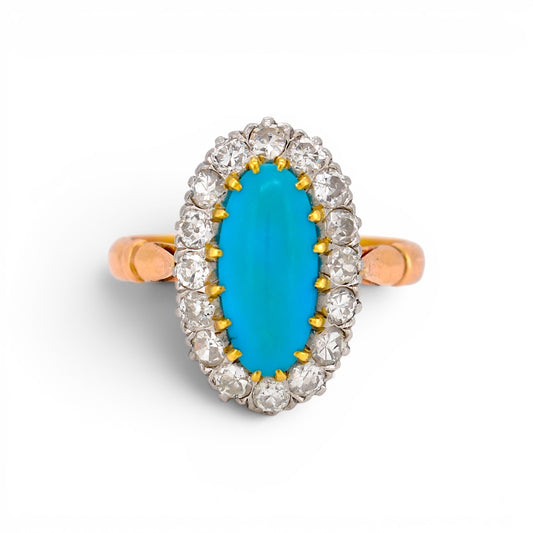 Antique Victorian 18k gold ring natural oval turquoise diamond halo front view circa 1890 — Antique Jewelry Finds
