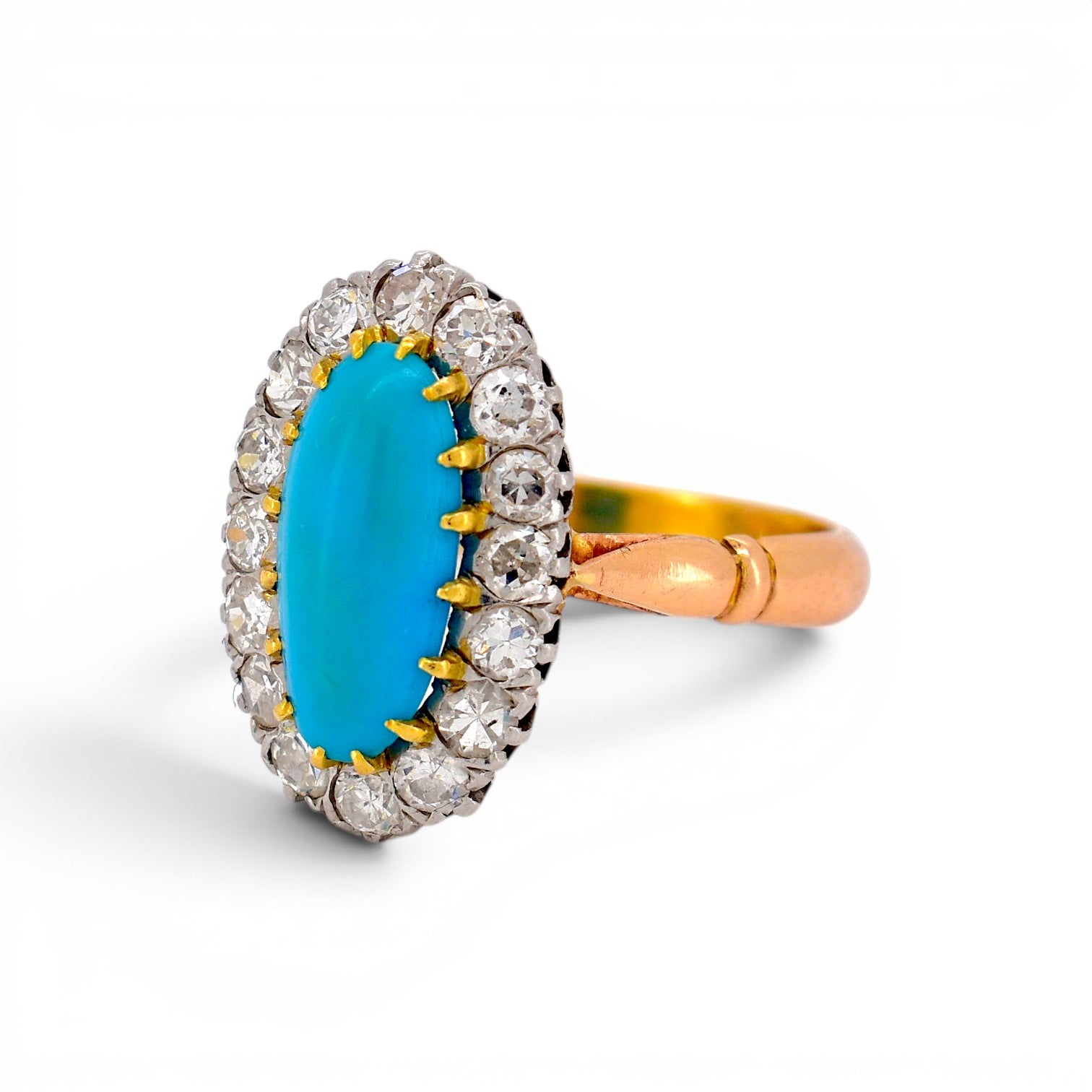 Antique Victorian 18k gold ring turquoise diamond halo side view French eagle head hallmark — Antique Jewelry Finds