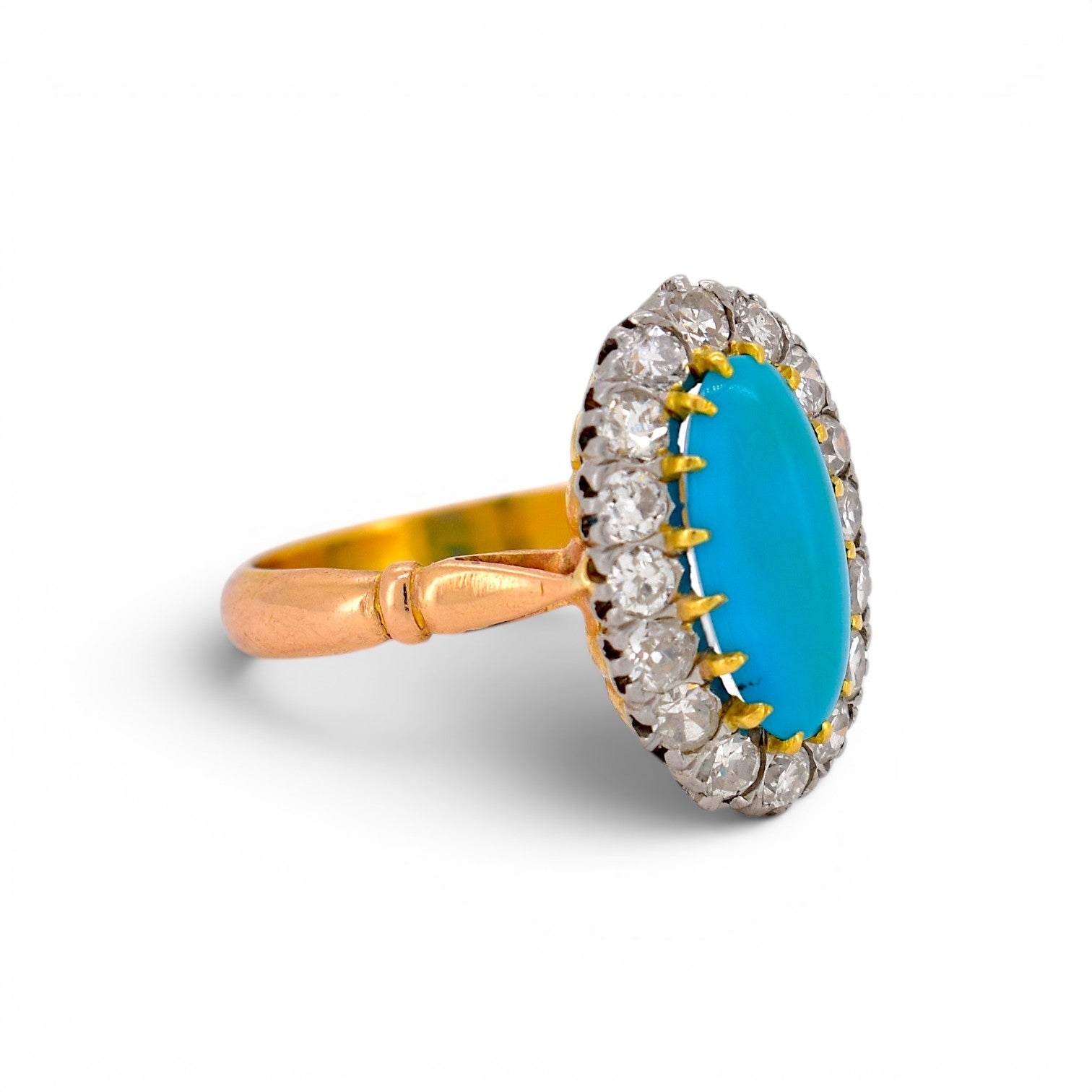 Antique Victorian 18k gold ring turquoise diamond detail side view circa 1890 — Antique Jewelry Finds