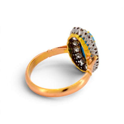Antique Victorian 18k gold ring top view natural turquoise diamond halo 17x12mm — Antique Jewelry Finds