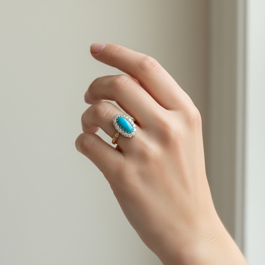 Antique Victorian 18k gold ring natural turquoise diamond halo worn on hand size 7 US — Antique Jewelry Finds