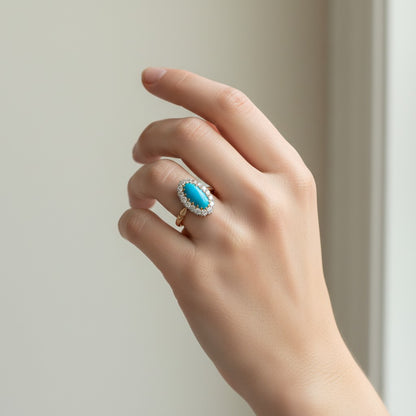 Antique Victorian 18k gold ring natural turquoise diamond halo worn on hand size 7 US — Antique Jewelry Finds