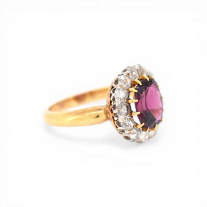 Antique Belle Epoque 18k gold ring with natural rubellite garnet and old cut diamond 