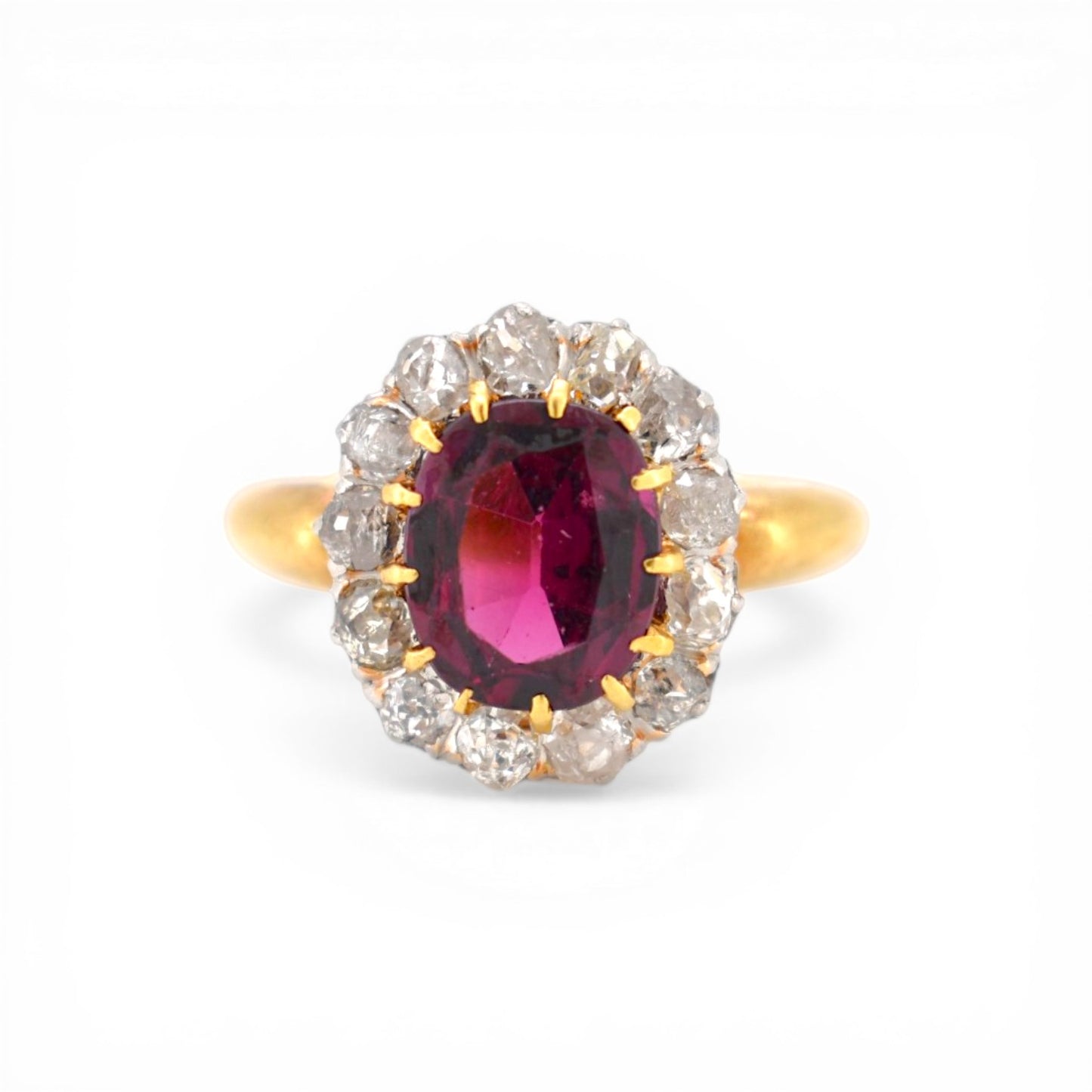 Belle Epoque, Antique Ring, 18k Gold, Yellow Gold, Rubellite Garnet, Old Cut Diamonds, Old European Cut, Halo Ring, Circa 1890, Size 52, French Antique, Statement Ring, Investment Jewelry