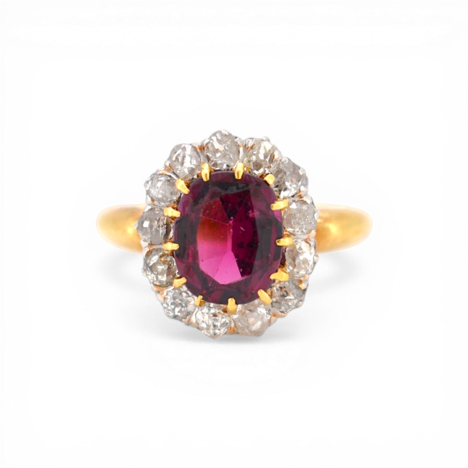 Belle Epoque, Antique Ring, 18k Gold, Yellow Gold, Rubellite Garnet, Old Cut Diamonds, Old European Cut, Halo Ring, Circa 1890, Size 52, French Antique, Statement Ring, Investment Jewelry