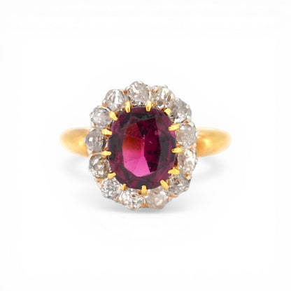 Belle Epoque, Antique Ring, 18k Gold, Yellow Gold, Rubellite Garnet, Old Cut Diamonds, Old European Cut, Halo Ring, Circa 1890, Size 52, French Antique, Statement Ring, Investment Jewelry