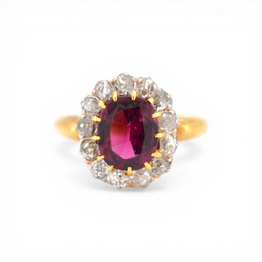 Belle Epoque, Antique Ring, 18k Gold, Yellow Gold, Rubellite Garnet, Old Cut Diamonds, Old European Cut, Halo Ring, Circa 1890, Size 52, French Antique, Statement Ring, Investment Jewelry