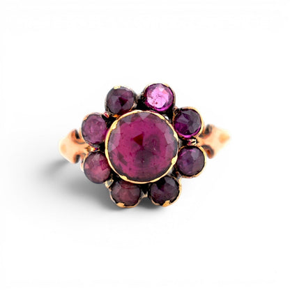 antique victorian daisy ring face front, with garnets and gold