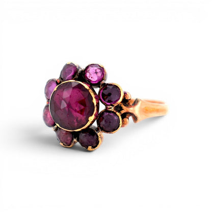 antique victorian daisy ring gold and garnets, left side view