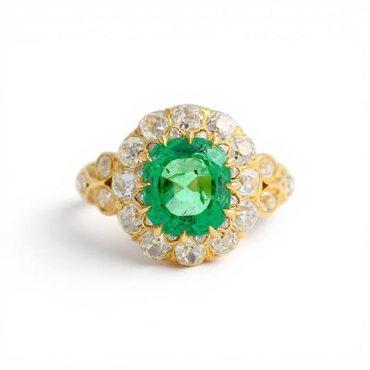 Antique 1880 Victorian 18k gold cocktail ring with 1.58ct Zambian emerald and rose cut diamond double halo from Antique Jewelry Finds