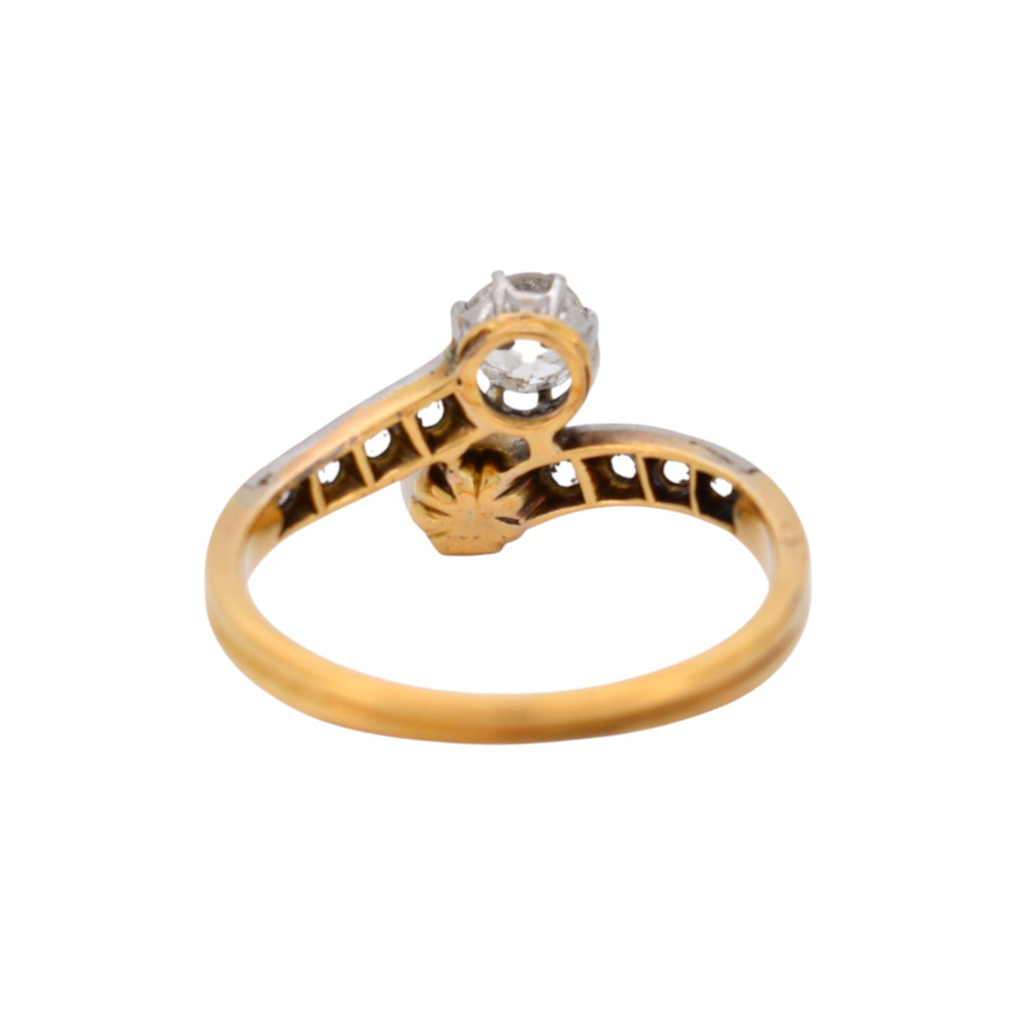 Close-up of the platinum setting and old cut diamonds on the ring shoulders