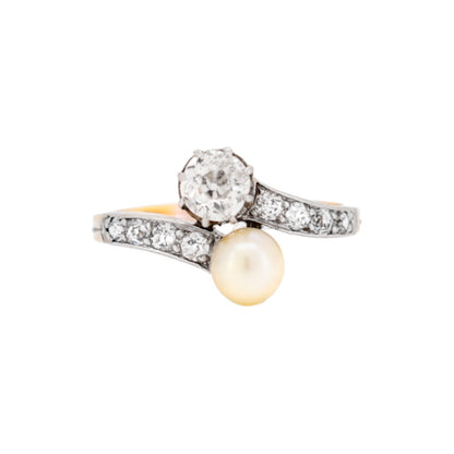 Antique Belle Epoque Toi et Moi ring with old cut diamond and white pearl