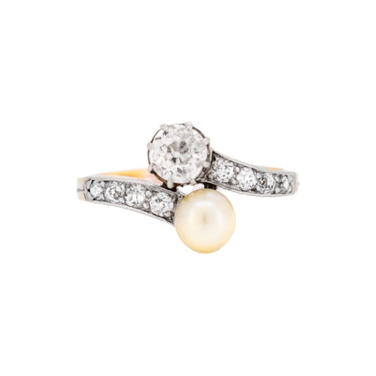 Antique Belle Epoque Toi et Moi ring with old cut diamond and white pearl