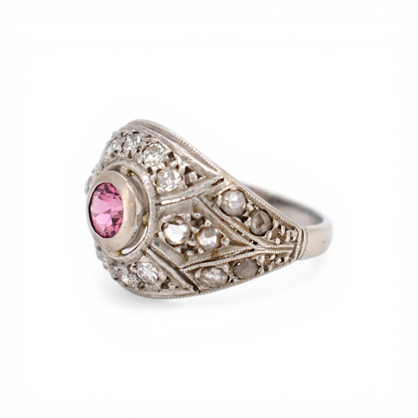 Detailed view of G-VS old European and rose cut diamonds totaling 1 carat