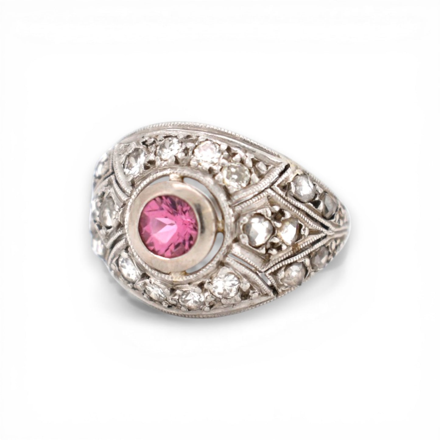 Left side profile of 1920 Art Deco ring showing intricate hand-pierced platinum work