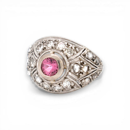Left side profile of 1920 Art Deco ring showing intricate hand-pierced platinum work