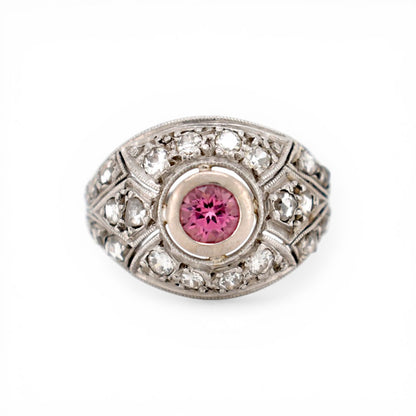 Antique Art Deco platinum ring with pink tourmaline and old cut diamond halo