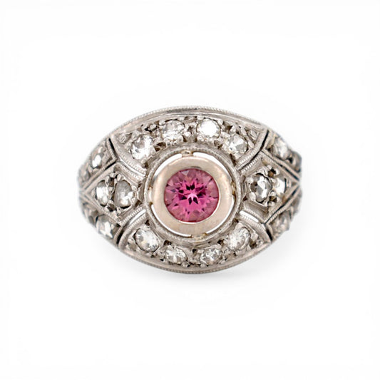 Antique Art Deco platinum ring with pink tourmaline and old cut diamond halo