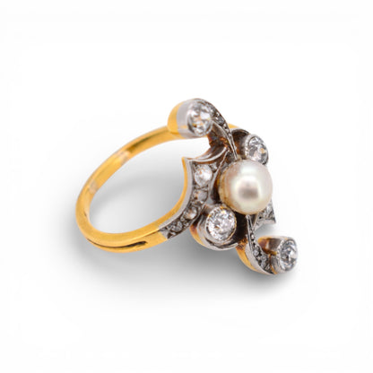 Antique 1910 Art Nouveau Ring - 18k Gold & Platinum - Pearl & Old Cut Diamonds