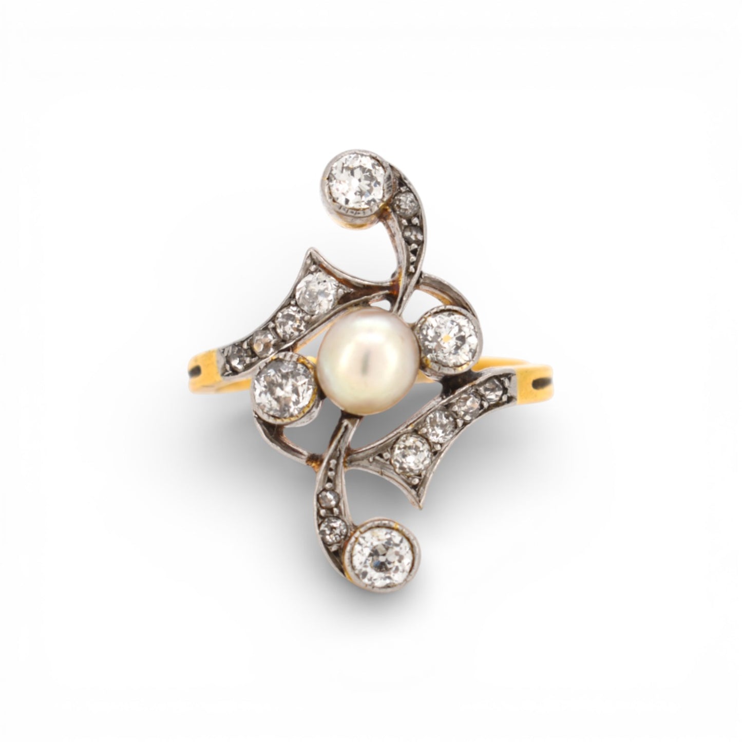 Antique 1910 Art Nouveau ring with vertical diamond and pearl setting attributed to Andre Rambour