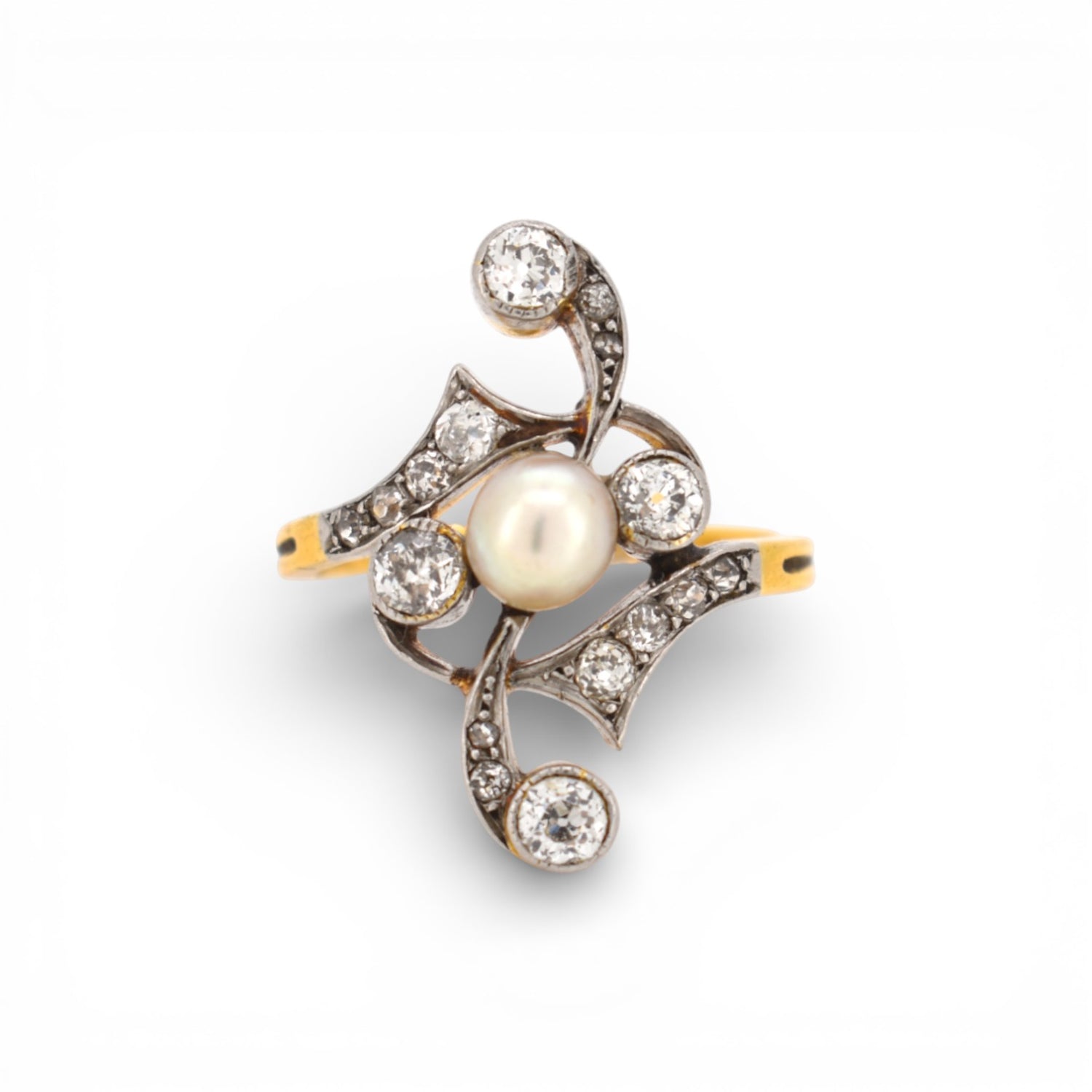 Antique 1910 Art Nouveau ring with vertical diamond and pearl setting attributed to Andre Rambour