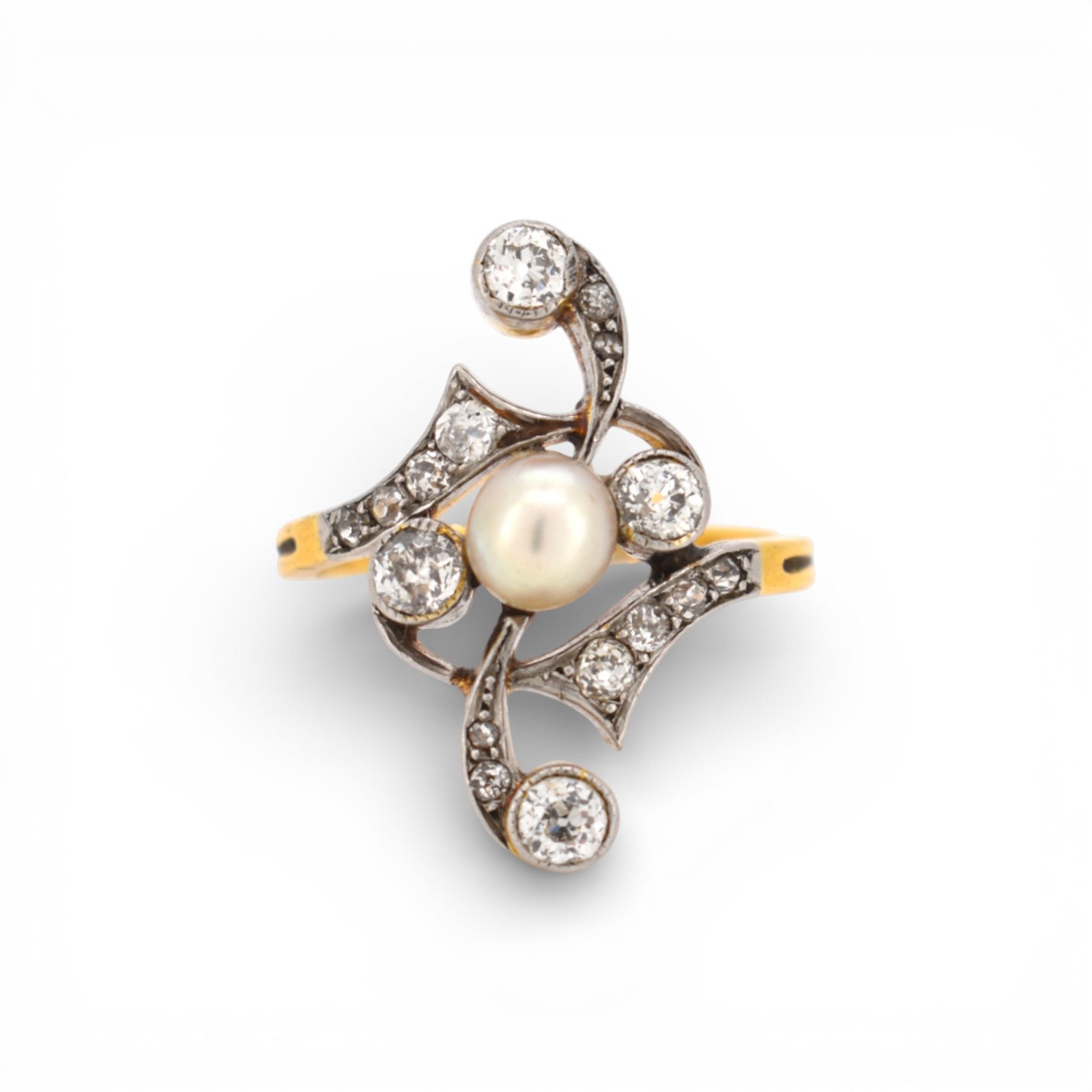 Antique 1910 Art Nouveau ring with vertical diamond and pearl setting attributed to Andre Rambour