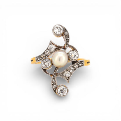 Antique 1910 Art Nouveau ring with vertical diamond and pearl setting attributed to Andre Rambour