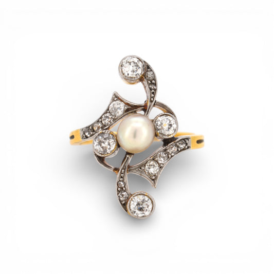 Antique 1910 Art Nouveau ring with vertical diamond and pearl setting attributed to Andre Rambour