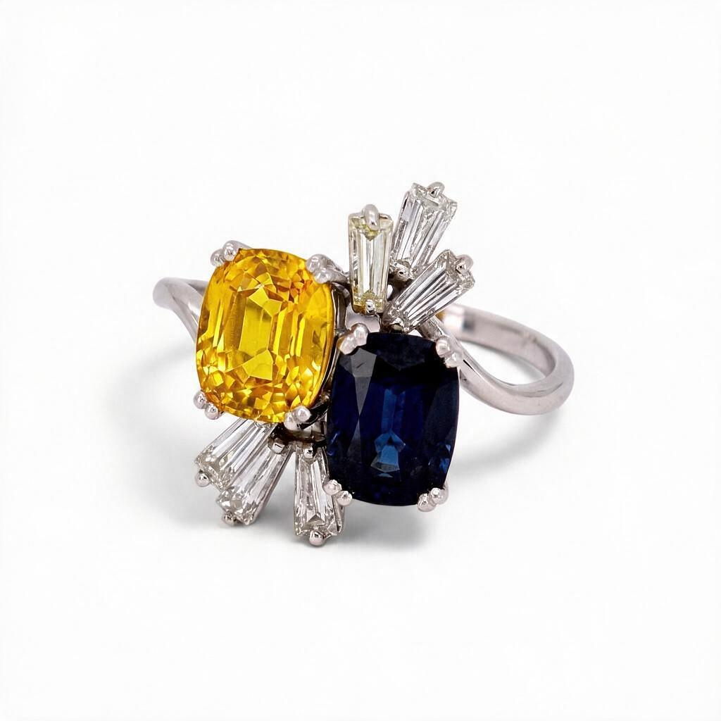Vintage 18k Gold Toi et Moi Ring — Two Unheated Basaltic Sapphires & Trapeze-Cut Diamonds | Circa 1980