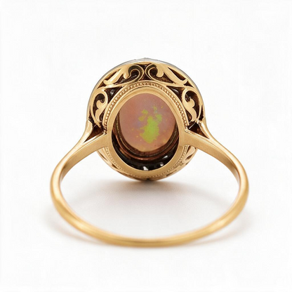 Antique Victorian 18k Gold & Platinum Halo Ring — 1.5ct Australian Opal & Diamonds | Circa 1890