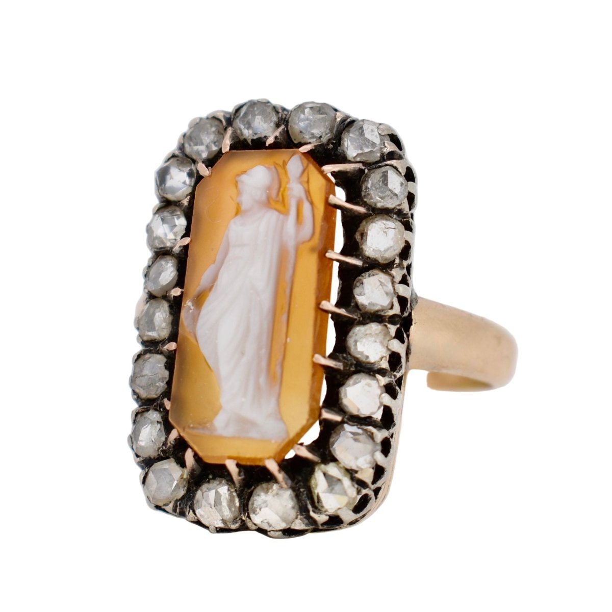 Antique 1890 Victorian Carnelian Cameo Ring 18k Gold & Silver - Goddess Athena / Minerva
