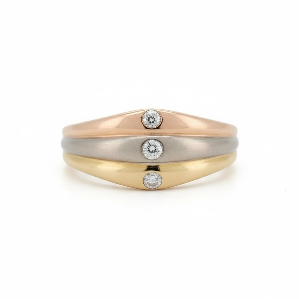 Authentic Cartier three-tone 18k gold ring with three bezel-set diamonds