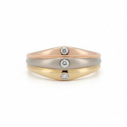 Authentic Cartier three-tone 18k gold ring with three bezel-set diamonds