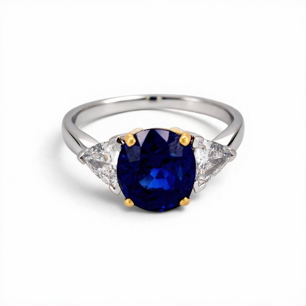 Vintage 18k Gold Trilogy Ring — 3.55ct Unheated Vivid Blue Madagascar Sapphire & Trillion-Cut Diamonds | Bellerophon Certified